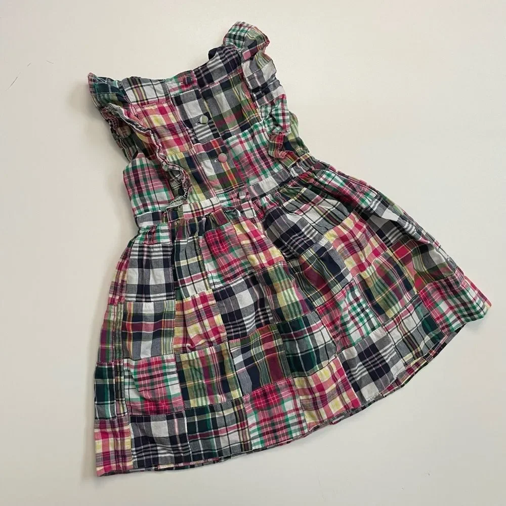 Ralph Lauren Dress Madras Plaid Ruffle Lined Cotton Sleeveless Blue Pink Green